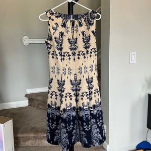 Cream and blue pattern A line dress | paisley design